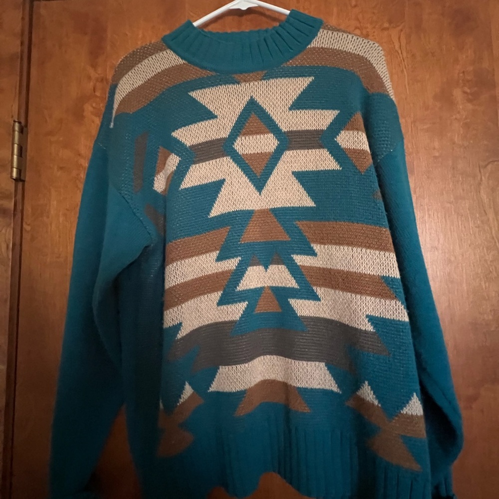 Savanna Jane Blue and Brown Crew Neck Sweater with Geometric Pattern